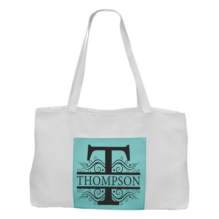 White Canvas Bag with 5" Gusset and Leatherette Trim-Teal