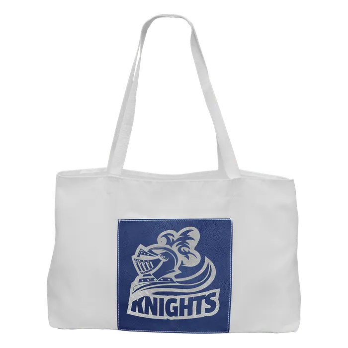 White Canvas Bag with 5" Gusset and Leatherette Trim-Blue/Silver