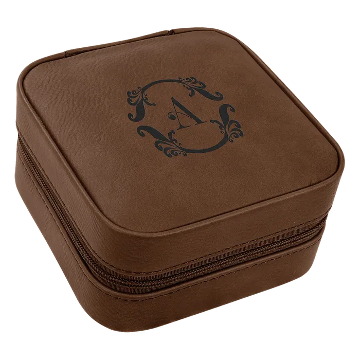 Dark Brown Lasered Leatherette Travel Jewelry Box with Black Lining