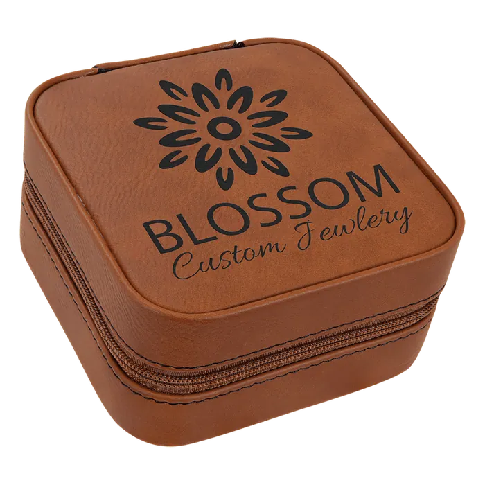 Light Brown Lasered Leatherette Travel Jewelry Box with Black Lining