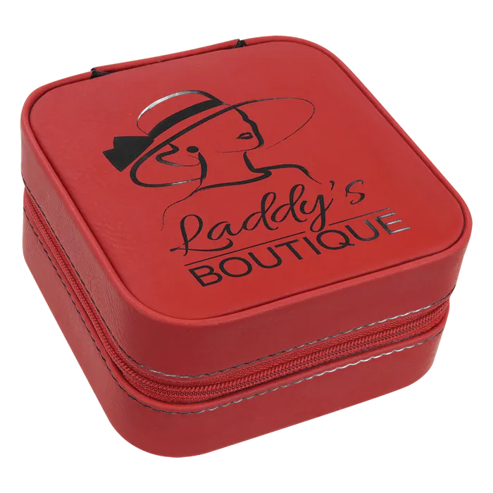 Red Lasered Leatherette Travel Jewelry Box with Black Lining