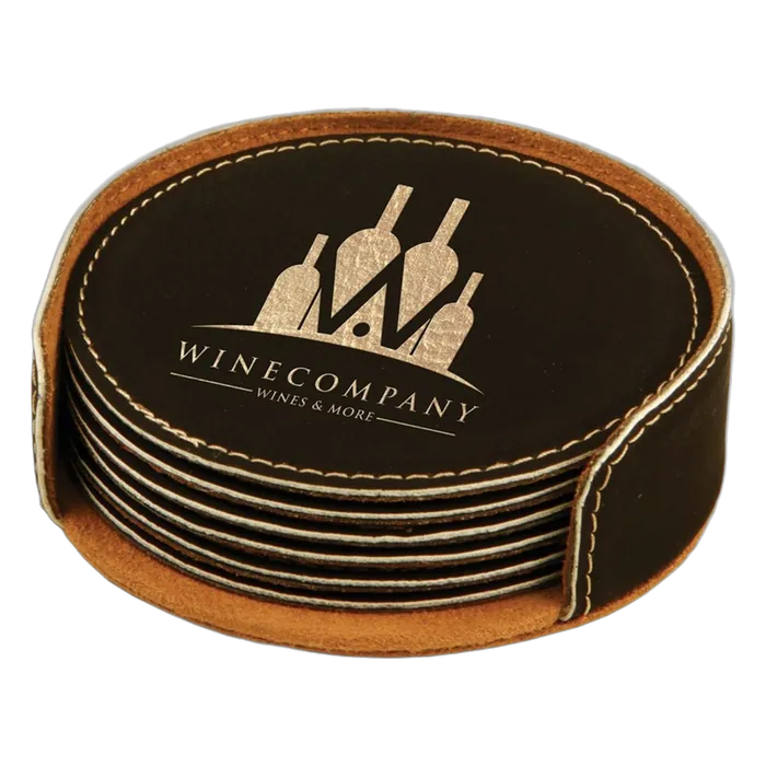 Black/Gold Leatherette Round 6-Coaster Set