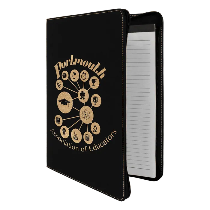 Black/Gold Laserable Leatherette Portfolio with Zipper and Lined Pad
