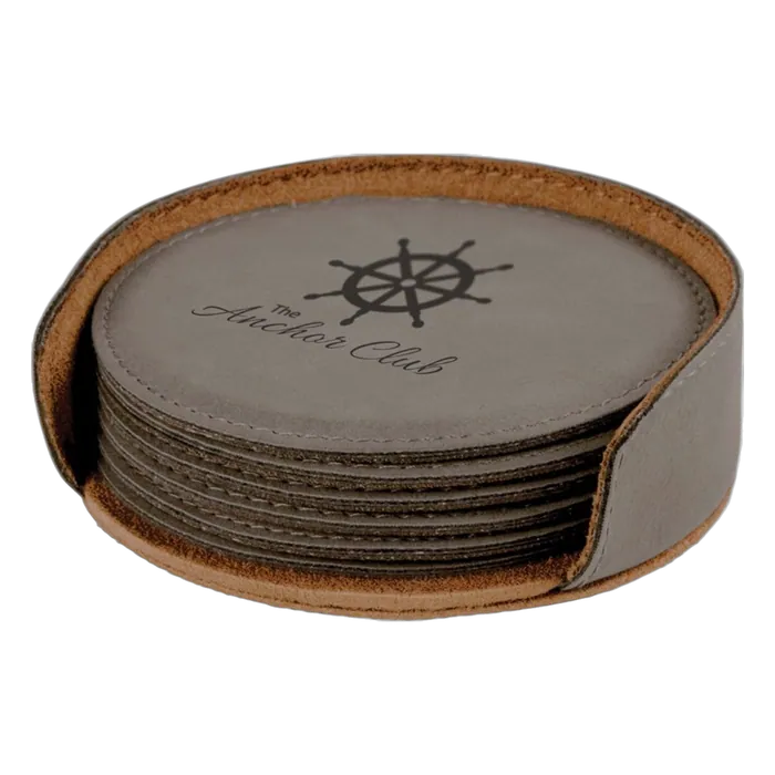 Gray Leatherette Round 6-Coaster Set