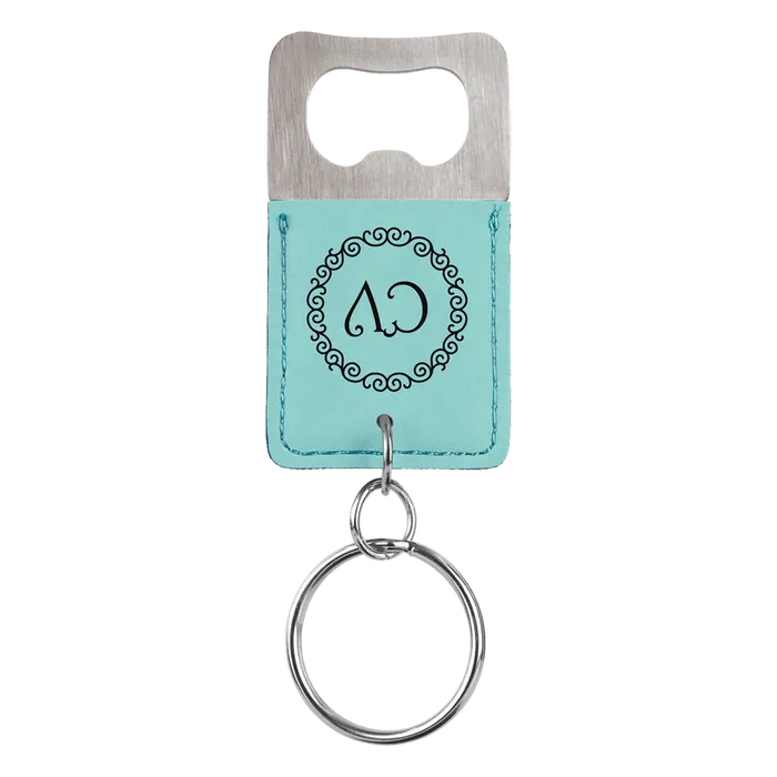 Teal Leatherette Rectangle Bottle Opener Keychain