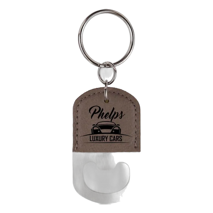Gray Leatherette Oval Bottle Opener Keychain