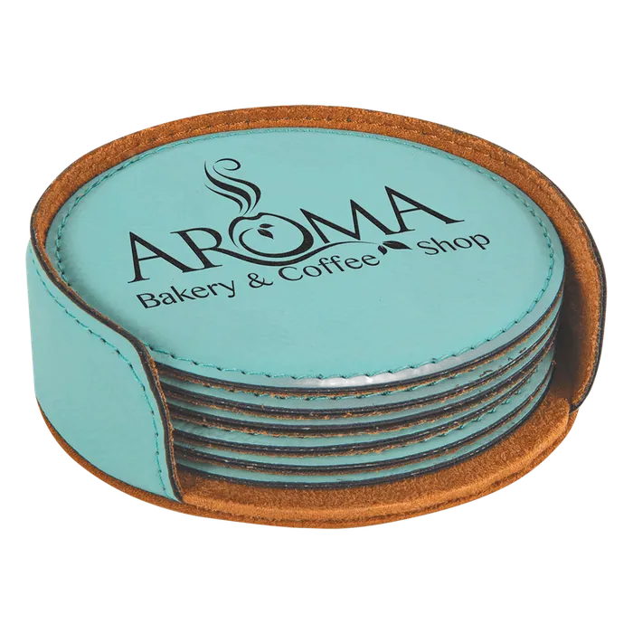Teal Leatherette Round 6-Coaster Set