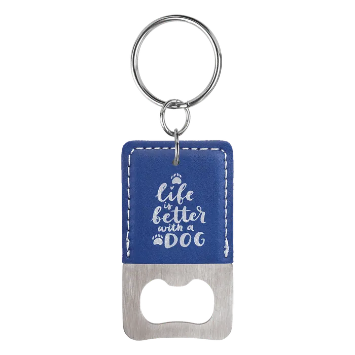 Blue/Silver Leatherette Rectangle Bottle Opener with Keychain