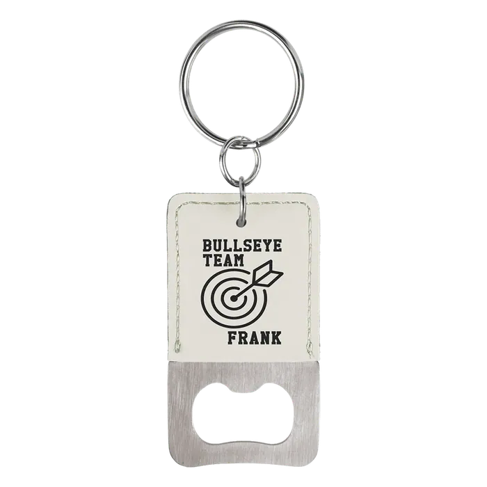 White Leatherette Rectangle Bottle Opener with Keychain