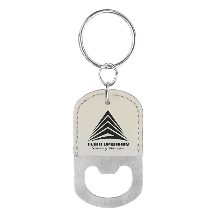 White Leatherette Oval Bottle Opener with Keychain