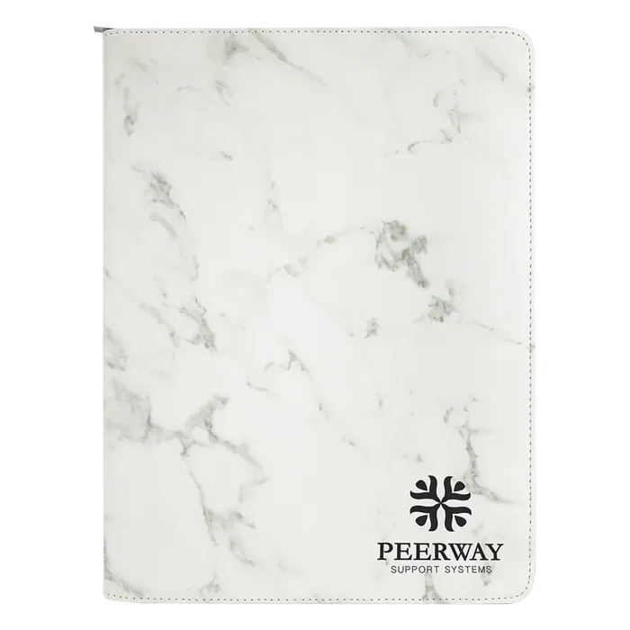 White Marble Leatherette Portfolio with Zipper & Notepad