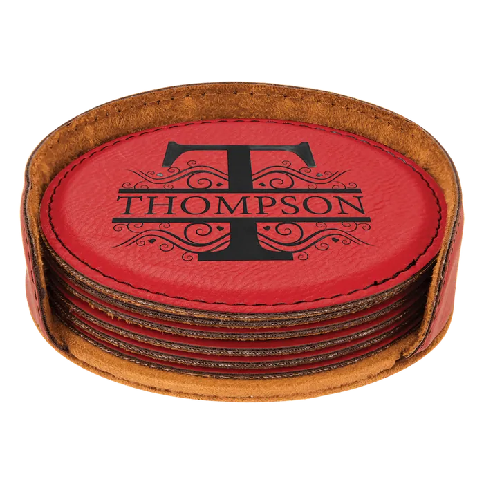 Red Laserable Leatherette Round 6-Coaster Set