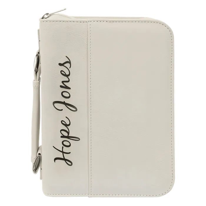 White Leatherette Book/Bible Cover with Zipper & Handle
