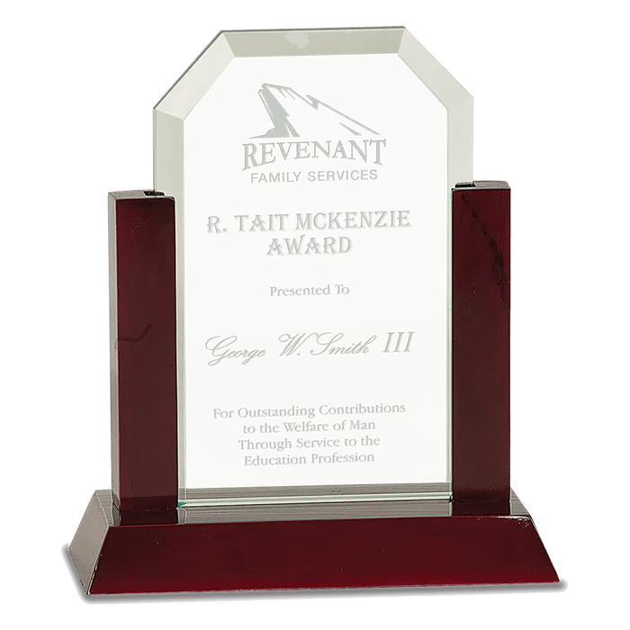 Small Gateway Jade Clip Corner Glass Award with Rosewood Finish Base