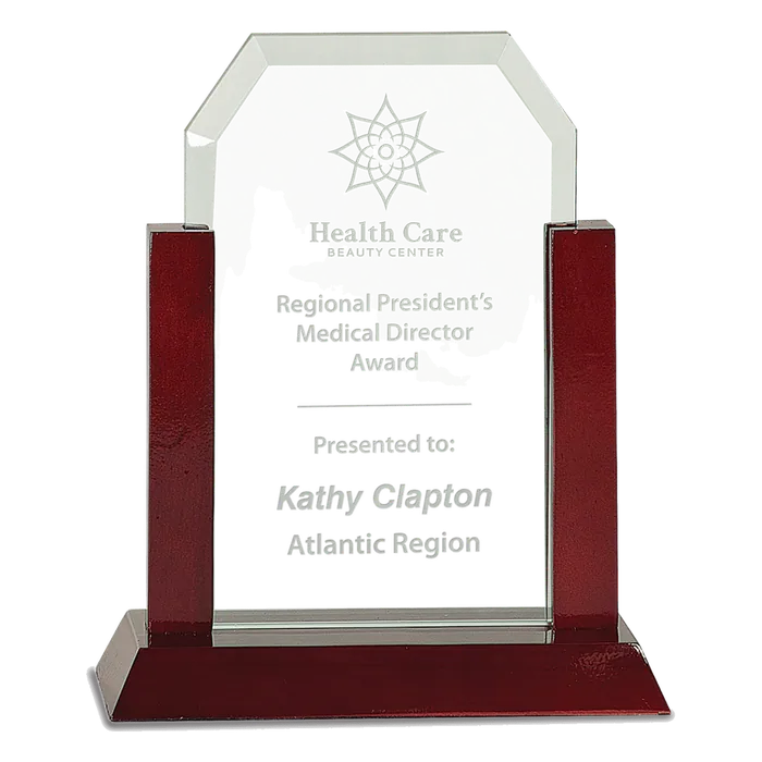 Medium Gateway Jade Clip Corner Glass Award with Rosewood Finish Base