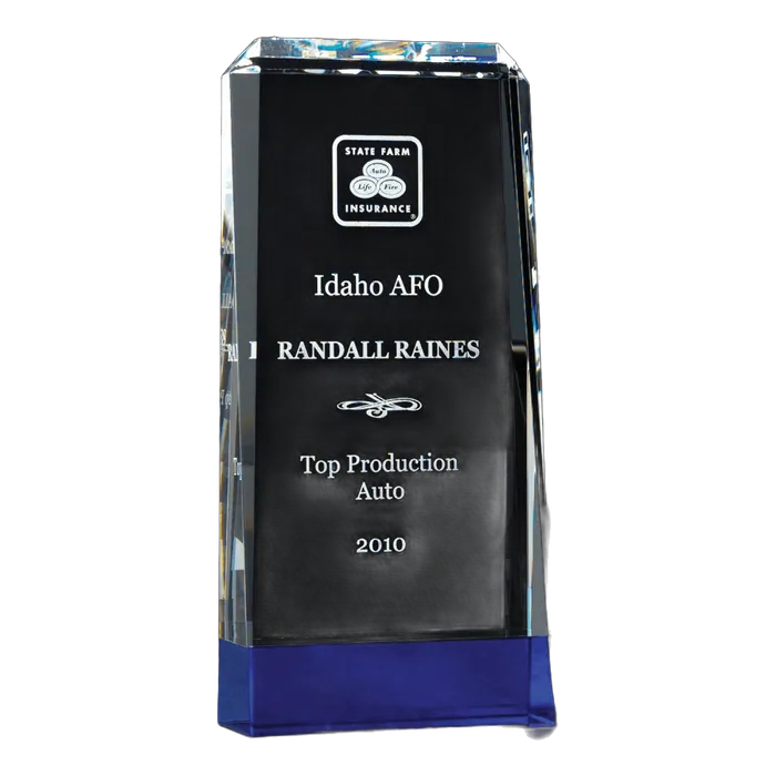 Premium Series Clear Crystal Award wth Cobalt Blue Crystal Base, 9 3/4"
