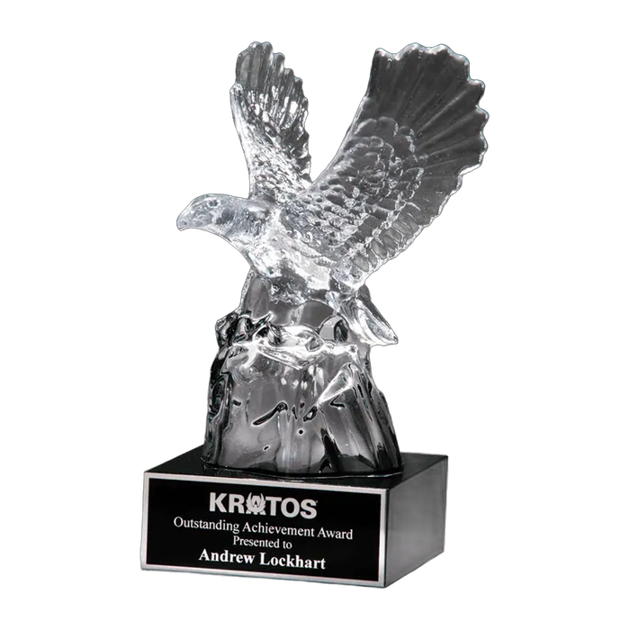 Carved Crystal Eagle on a Black Crystal Base with Black/Silver Plate