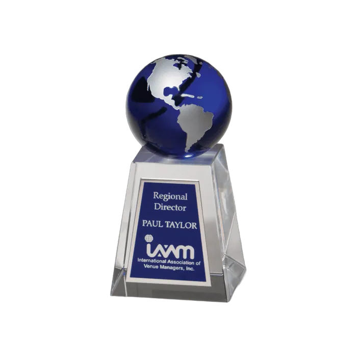 Crystal Trophy with Blue Globe, 2 5/8" x 5 1/4"