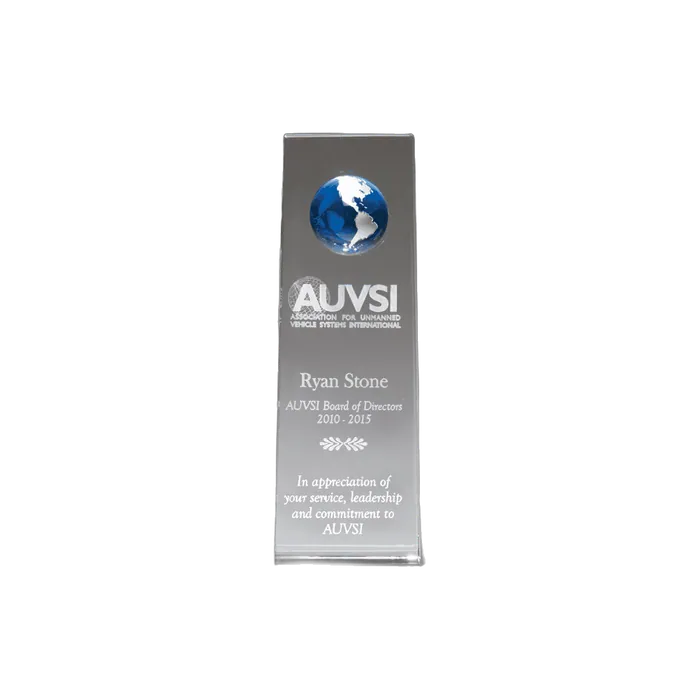 Crystal Trophy with Blue Globe, 2 3/4" x 8" x 1 1/2"