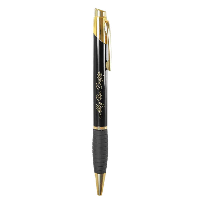 Black Gloss Ballpoint Pen with Rubber Gripper, Gold Trim
