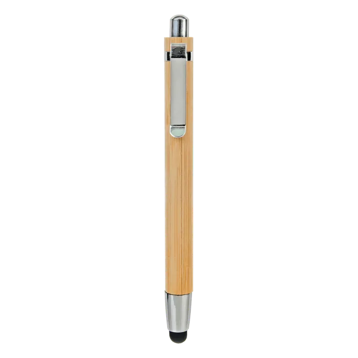 Genuine Bamboo Ballpoint Pen with Stylus Tip & Silver Trim