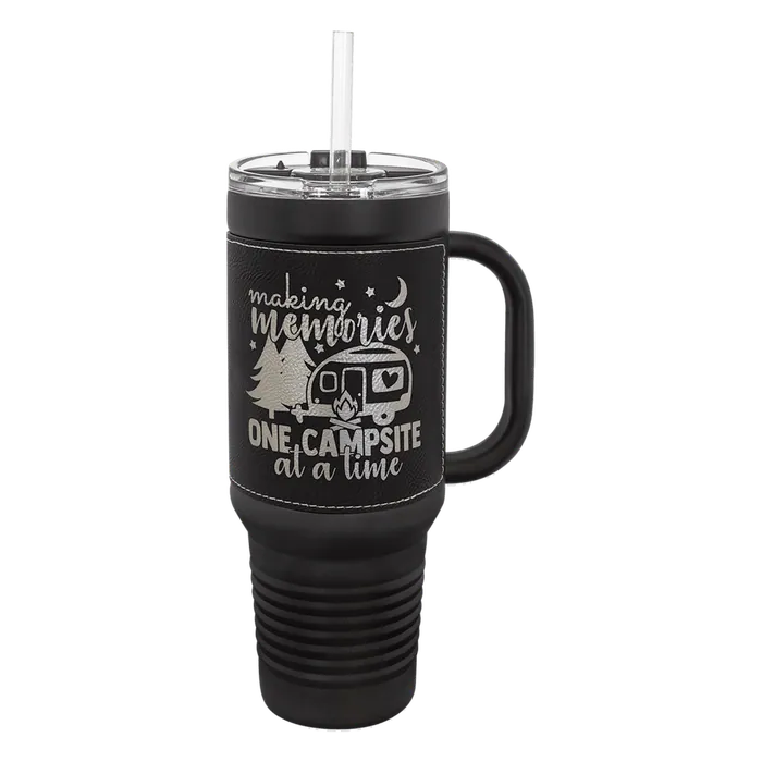 Black/Silver/Black 40 oz. Polar Camel Leatherette Grip Travel Mug/Snap Lid&Straw