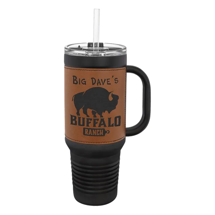 Rawhide on Black 40 oz. Polar Camel Leatherette Grip Travel Mug/Snap Lid & Straw