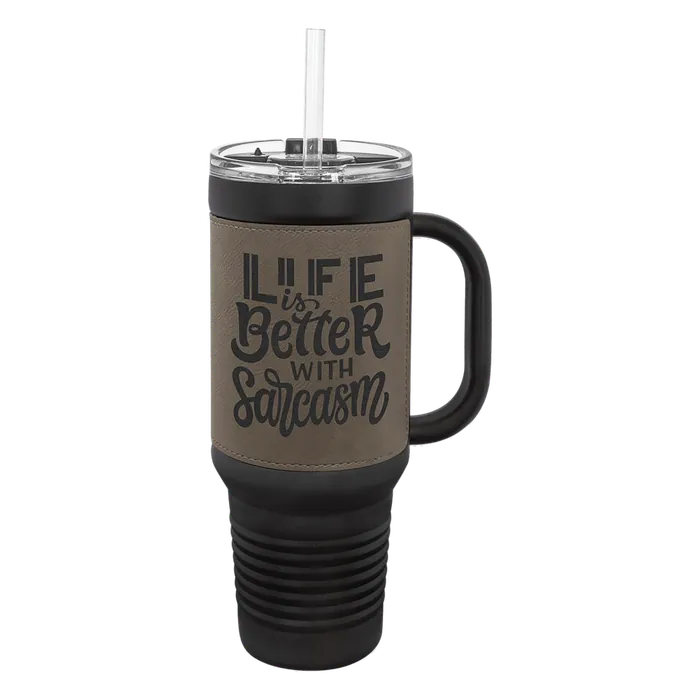 Gray on Black 40 oz. Polar Camel Leatherette Grip Travel Mug w/Snap Lid & Straw