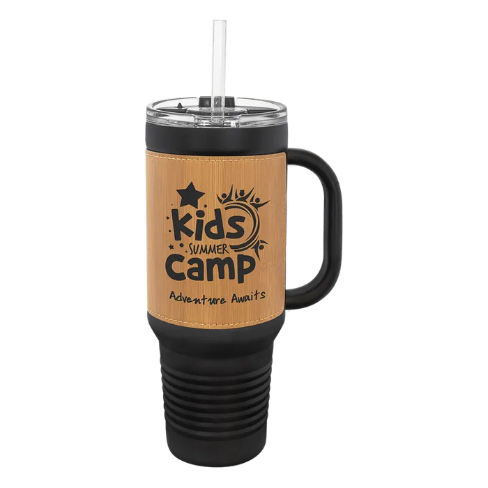 Bamboo/Black 40 oz. Polar Camel Leatherette Grip Travel Mug w/Snap Lid & Straw