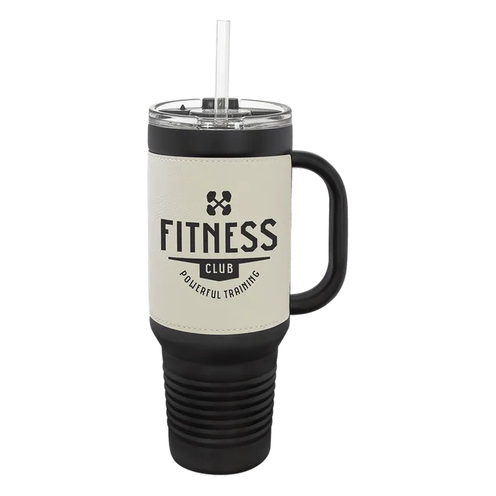 White on Black 40 oz. Polar Camel Leatherette Grip Travel Mug w/Snap Lid & Straw