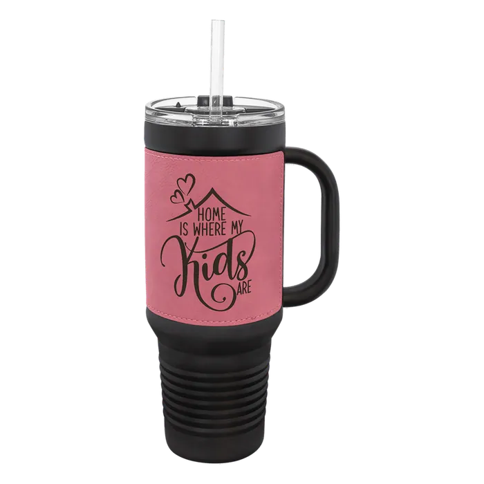Pink on Black 40 oz. Polar Camel Leatherette Grip Travel Mug w/Snap Lid & Straw