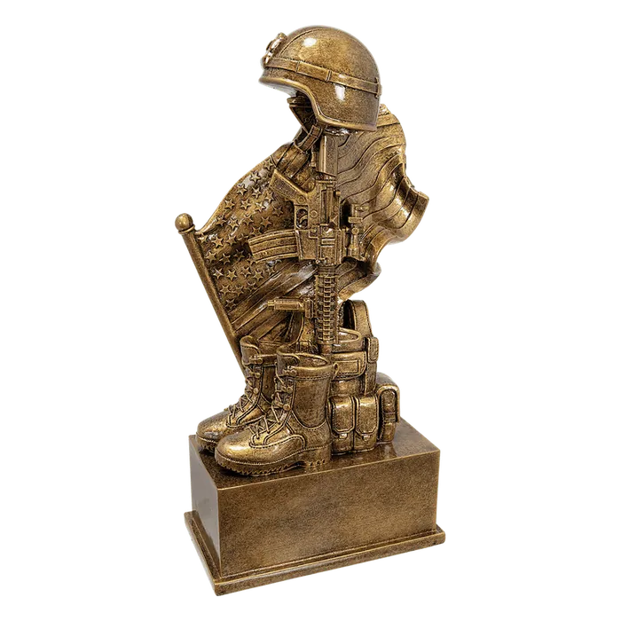 Antique Gold Military Resin Hlemet on Rifle