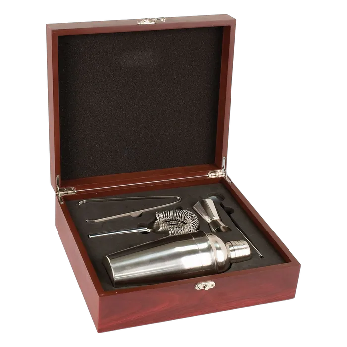 Rosewood Finish Martini Set with Shaker, Jigger, Strainer, Stirrer & Tongs