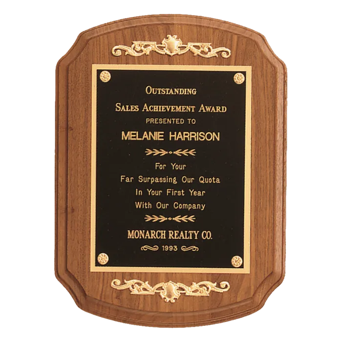 American Walnut Plaque with Gold Casting Accents and Black Plate