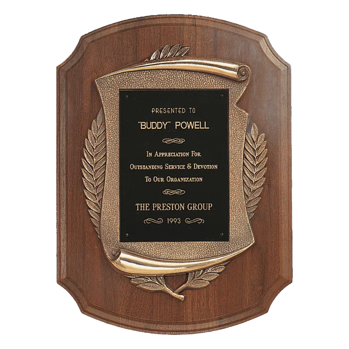 American Walnut Notch Corner Plaque w/Antique Bronze Scroll & Black Brass Plate