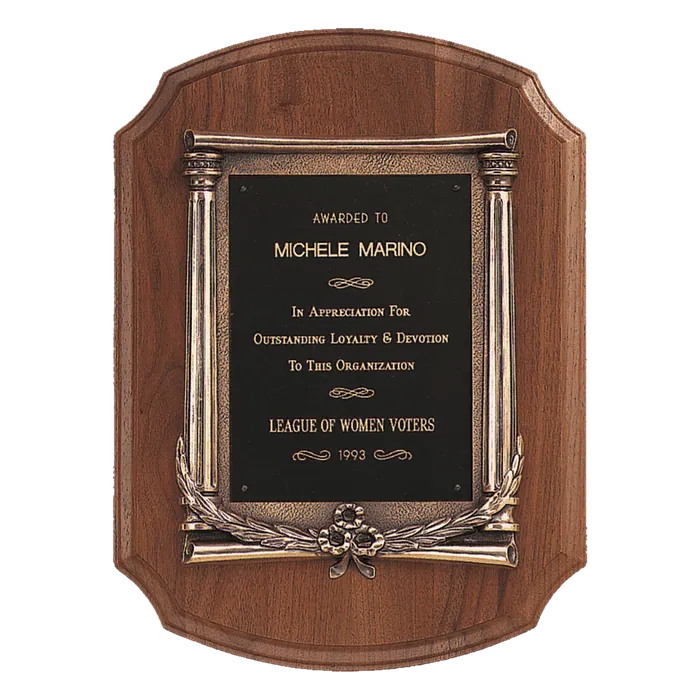 American Walnut Notch Corner Plaque w/Antique Bronze Frame/Black Brass Plate