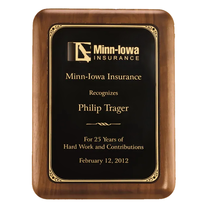 American Walnut Plaque with Gold Border Black Brass Plate, 7" x 9"