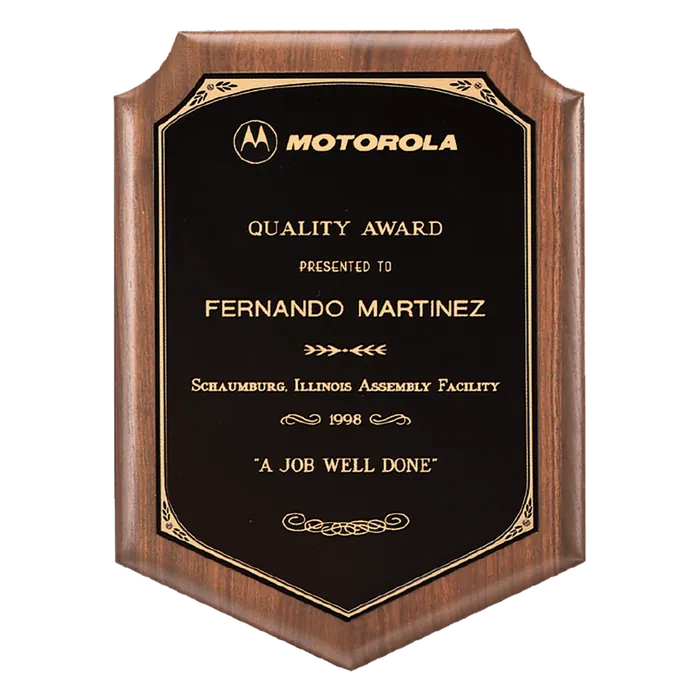 American Walnut Plaque with Gold Border Black Brass Plate, 8" x 10 1/2", Style P1647