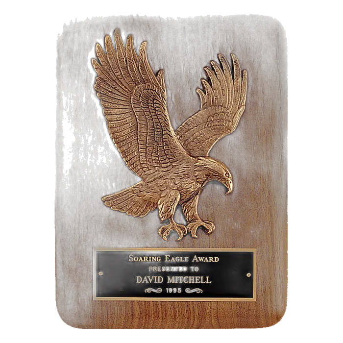 Solid Walnut Plaque with Sculptured Relief Eagle Casting and Black Brass Plate, 7" x 9"