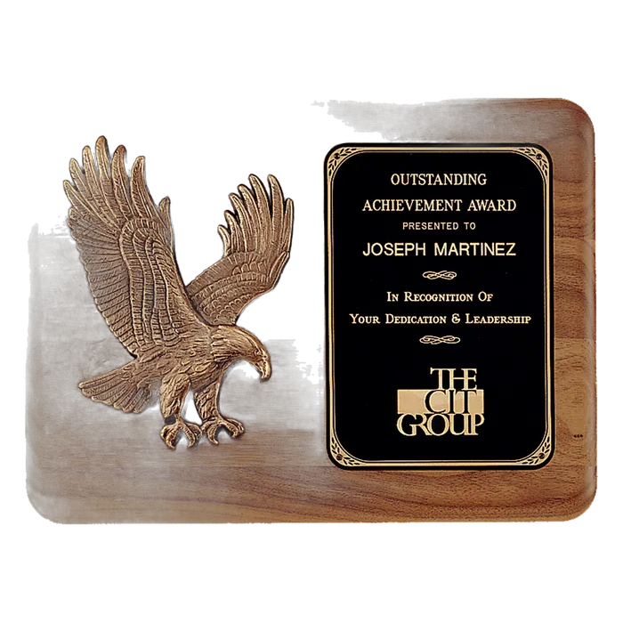 Walnut Plaque with Scupltured Eagle Casting and Black/Gold Brass Plate