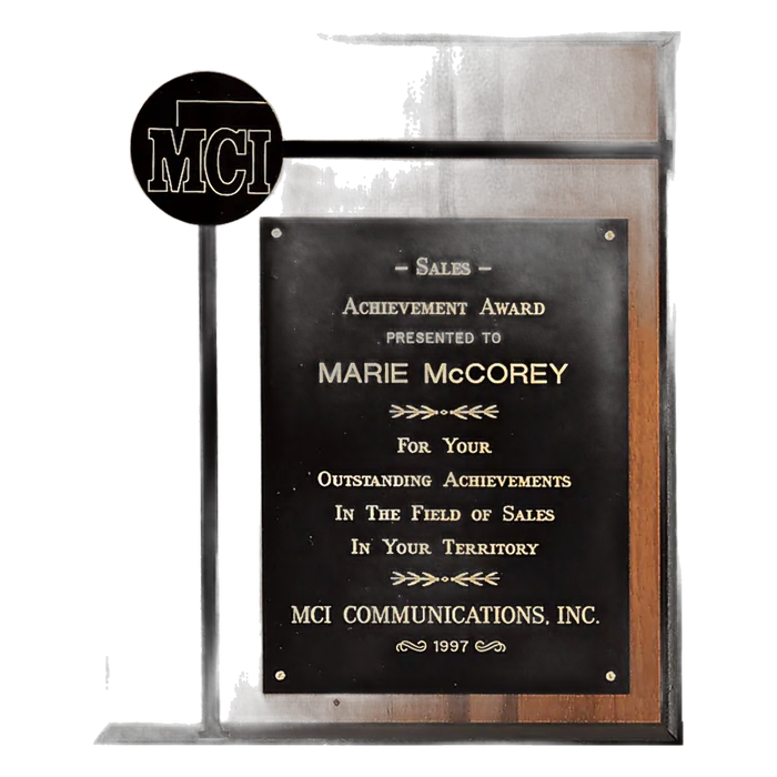 American Walnut Routed Plaque w/Black Brass Plate and 2 1/2" Black Brass Disc, 10" x 12"