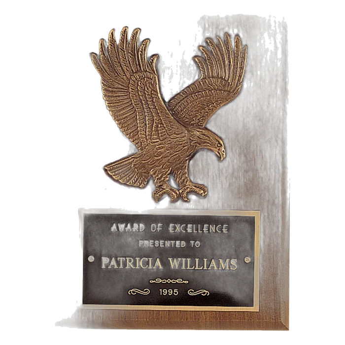 Walnut Plaque with Antique Bronze Eagle and Black Brass Plate