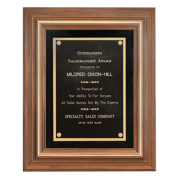 American Walnut Framed Plaque w/Gold Trim & Black Velour Back, Black Brass Plate, 13" x 16"