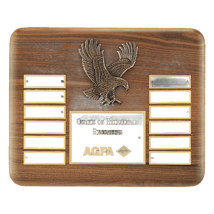 Walnut 12 Plate Perpetual Plaque w/Antique Bronze Eagle Casting/LaserFX Plates