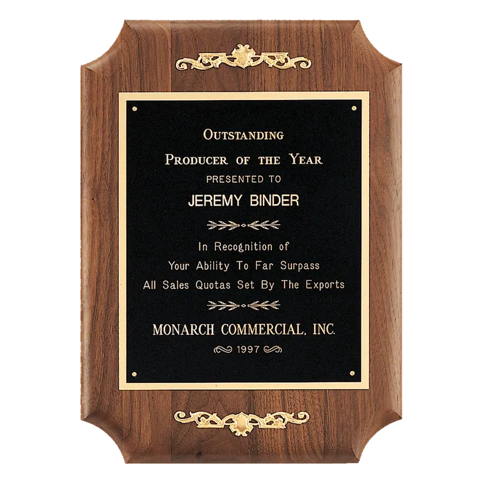 American Walnut Notched Plaque with Gold Casting Accents and Black/Gold Plate, 9" x 12"