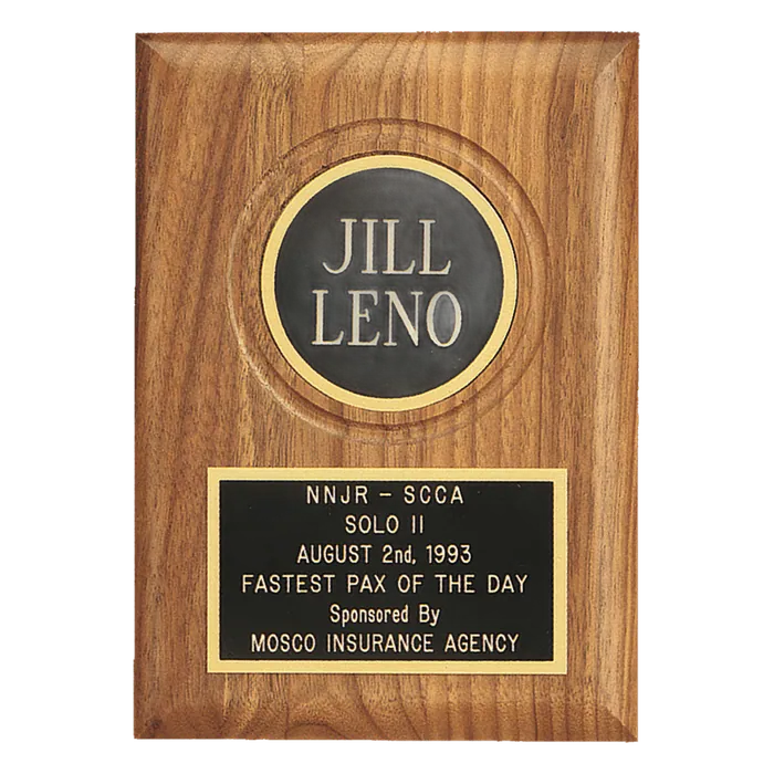 Jewelers Black Laserable Black Plate & 2 1/2" Disc on an American Walnut Plaque