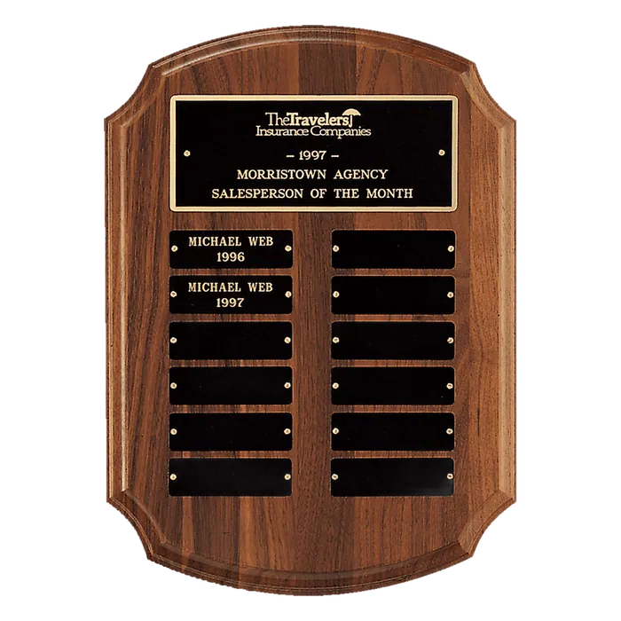American Walnut 12 Plate Perpetual Plaque with Black Brass Plates