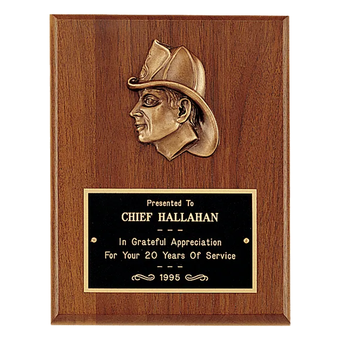 American Walnut Plaque with Firefighter Relief and Black Brass Plate, 7" x 9"