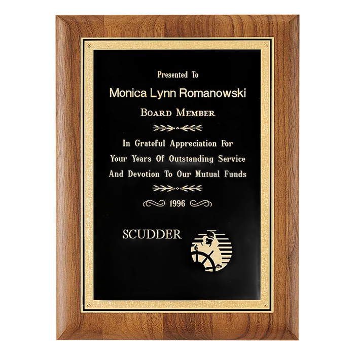 American Walnut Plaque with Black Textured Florentine Plate, 8" x 10 1/2"
