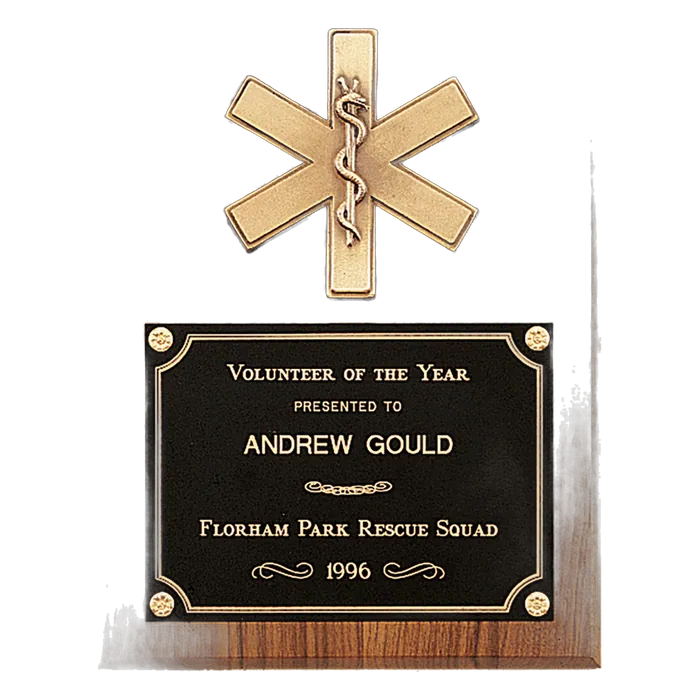 Walnut Plaque with Gold EMT Star of Life and Black Brass Plate